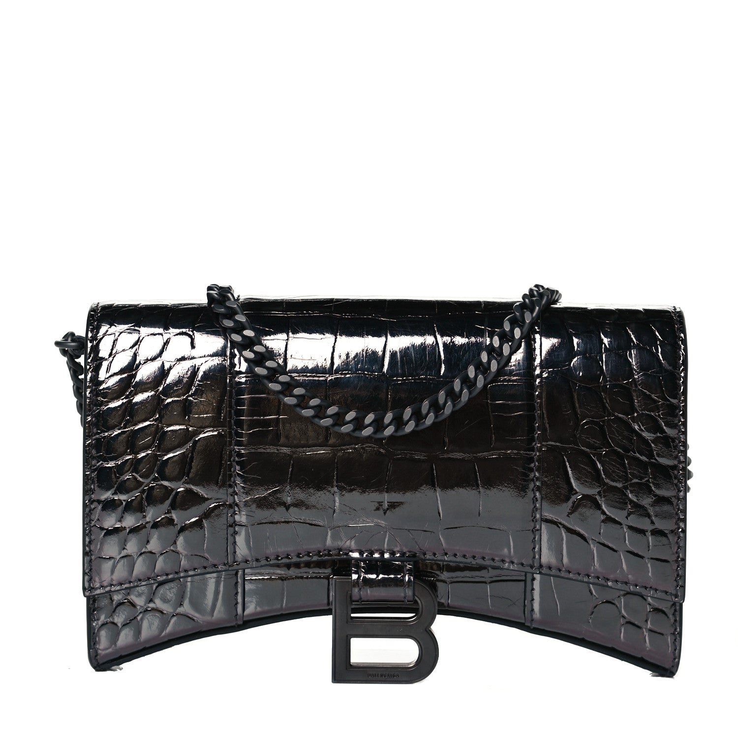 Balenciaga Shiny Calfskin Crocodile Embossed Hourglass Chain Bag Gunmetal 1 of 7