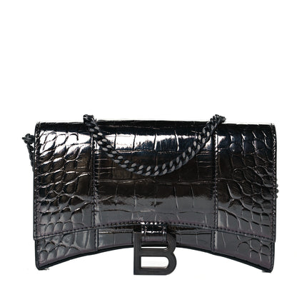 Balenciaga Shiny Calfskin Crocodile Embossed Hourglass Chain Bag Gunmetal 1 of 7