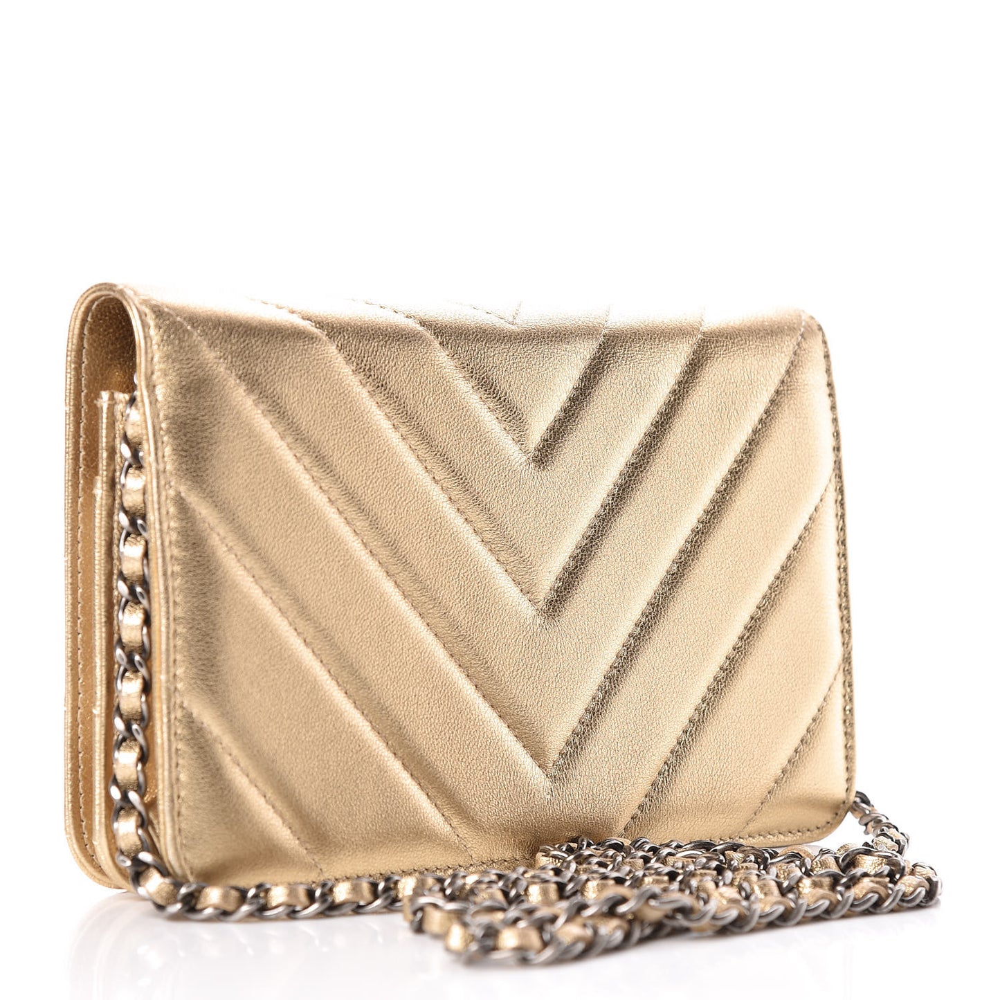 Metallic Lambskin Chevron Quilted Wallet On Chain WOC Gold