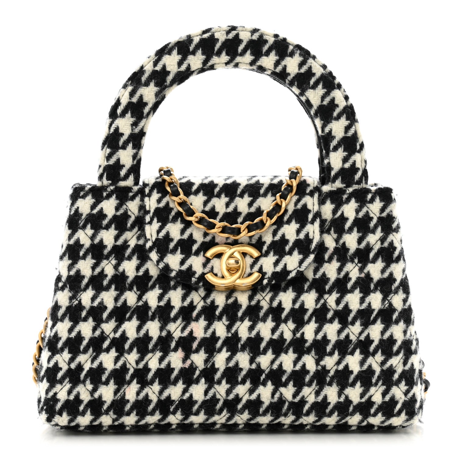 Chanel Tweed Houndstooth Quilted Nano Kelly Shopper Black White 1 of 12