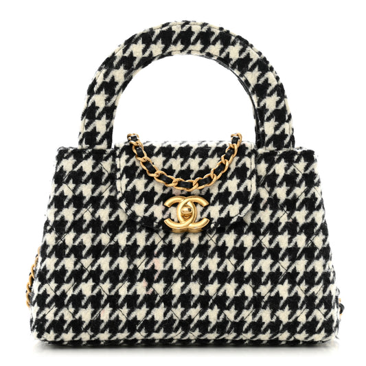 Tweed Houndstooth Quilted Nano Kelly Shopper Black White