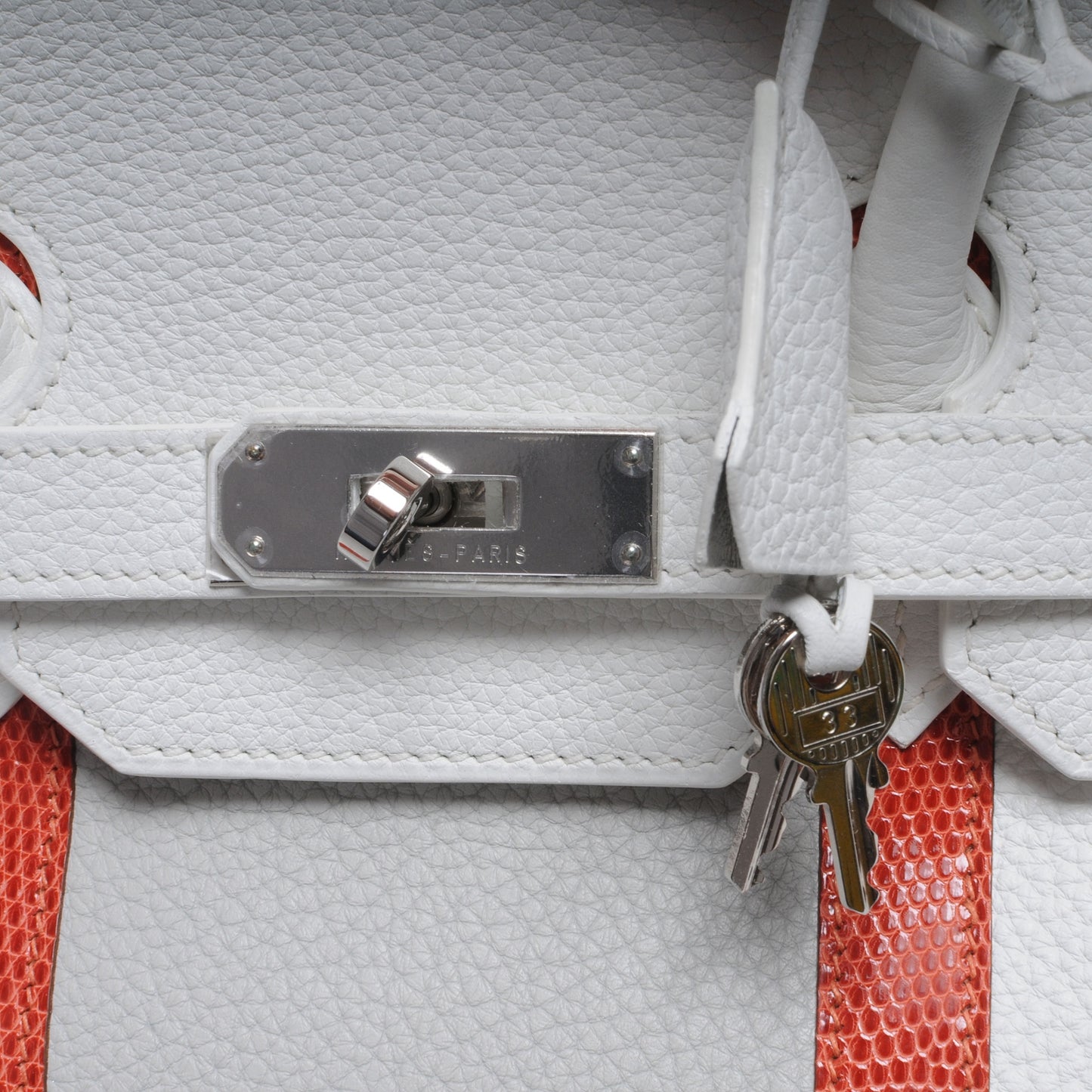 Taurillon Clemence Lizard Club Birkin 35 Blanc Gris Perle Sanguine
