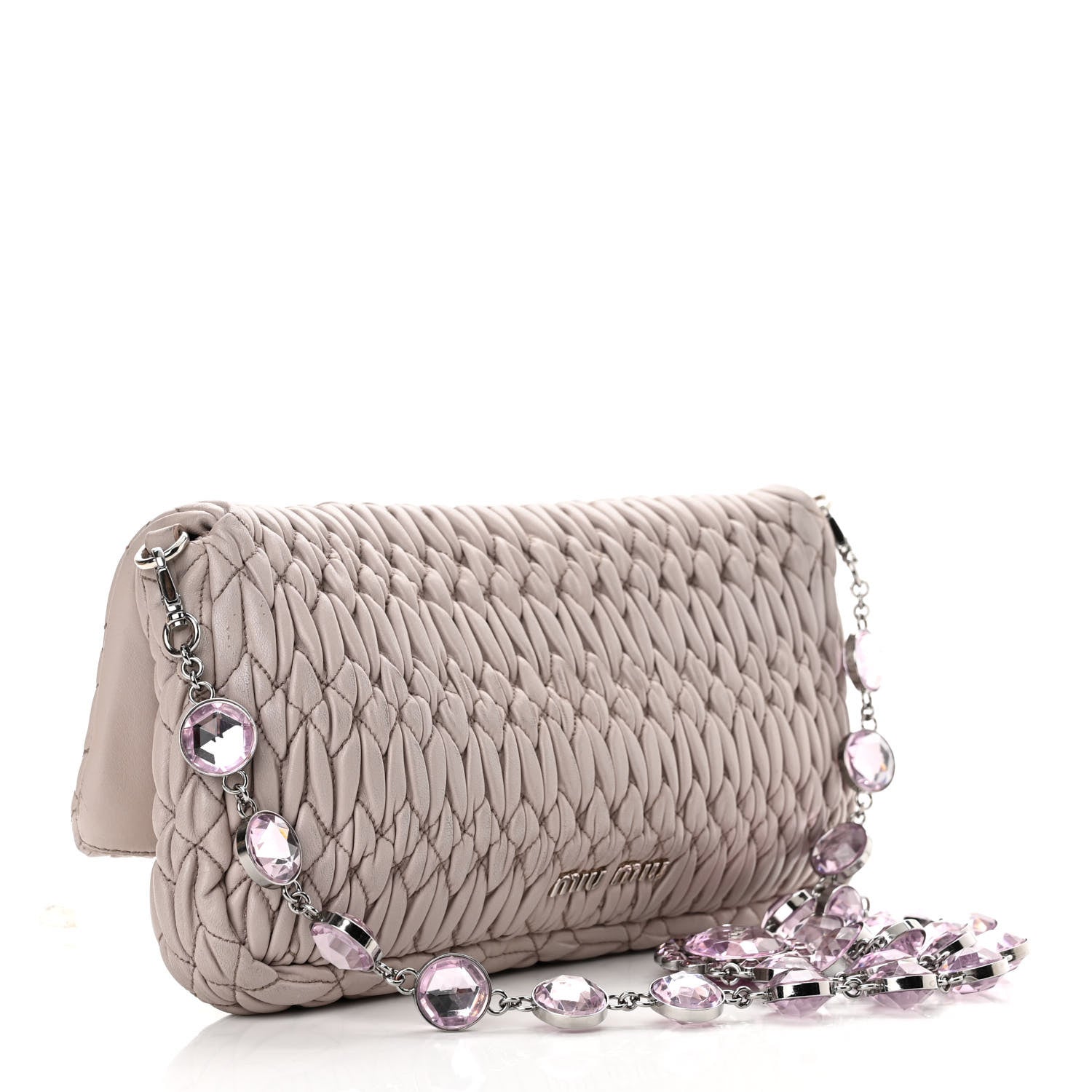 Miu Miu Nappa Matelasse Crystal Flap Clutch Pomice 3 of 17