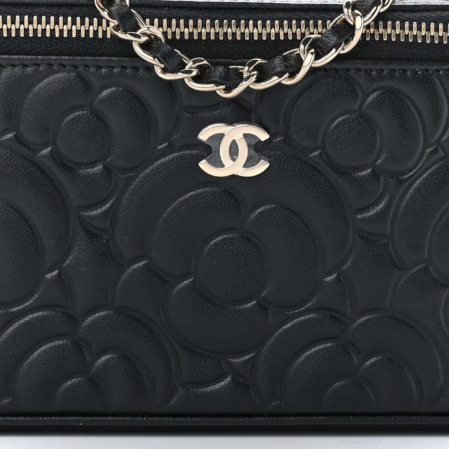 Lambskin Camellia Embossed Small Vanity Case With Chain Black
