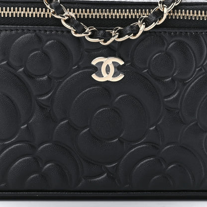 Chanel Lambskin Camellia Embossed Small Vanity Case With Chain Black 7 of 9