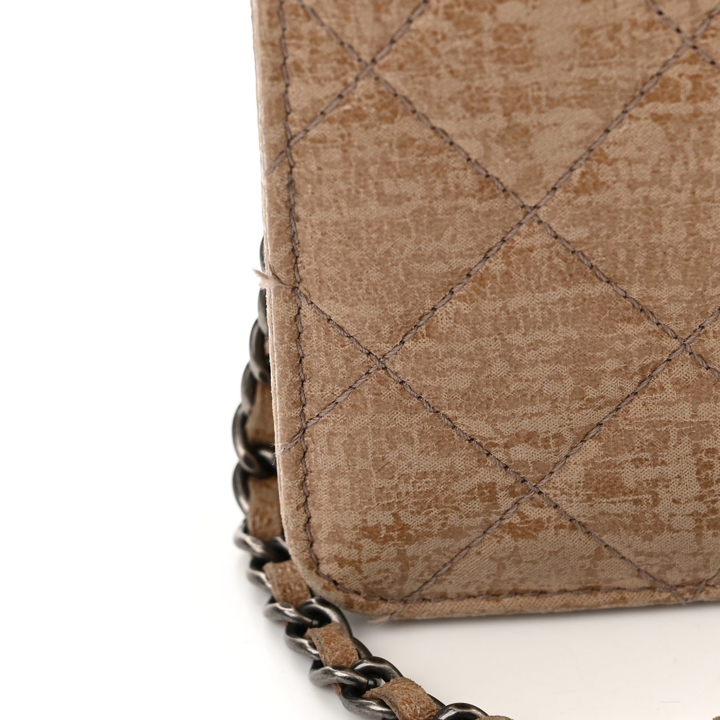 Crackled Coated Fabric Quilted Wallet On Chain WOC Beige