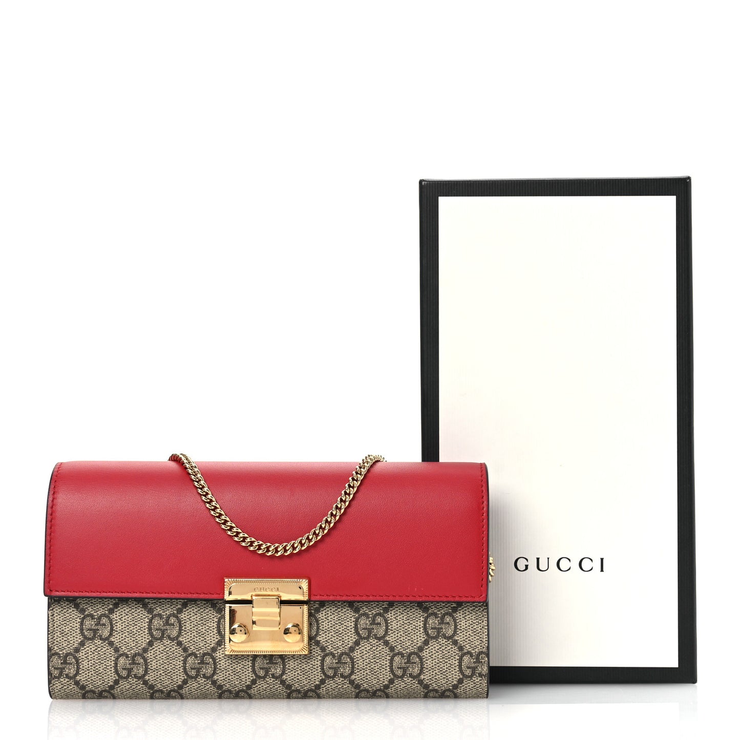 GG Supreme Monogram Moon Calfskin Padlock Continental Chain Wallet Beige Ebony Hibiscus Red New Rosette