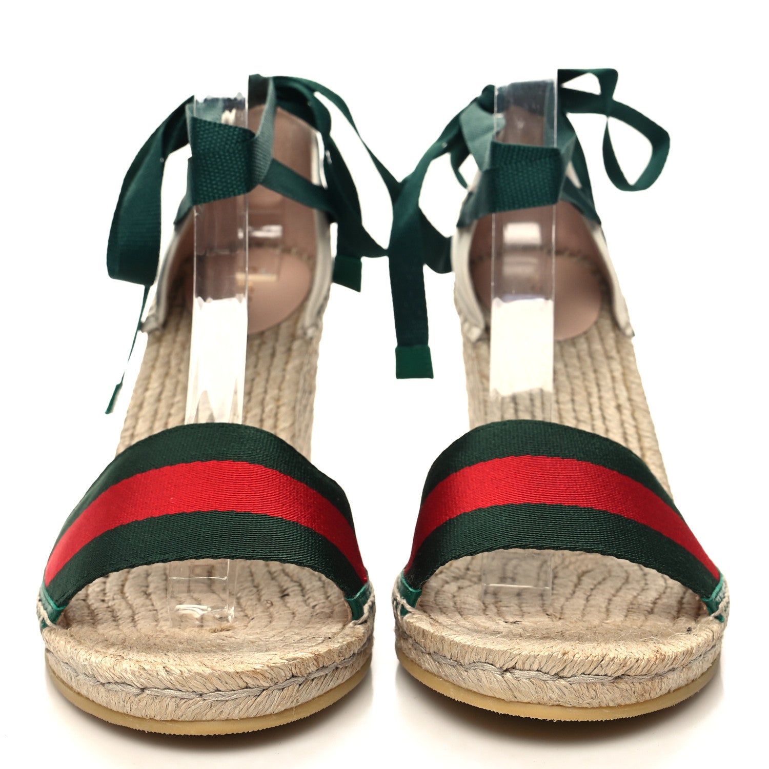 Gucci Canvas Malaga Kid Web Ankle Wrap Espadrille Wedge Sandals Mystic 42 Green Red Mystic White Emerald 2 of 10