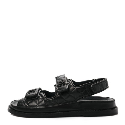 Chanel Lambskin Quilted Velcro Dad Sandals 37.5 So Black 1 of 9