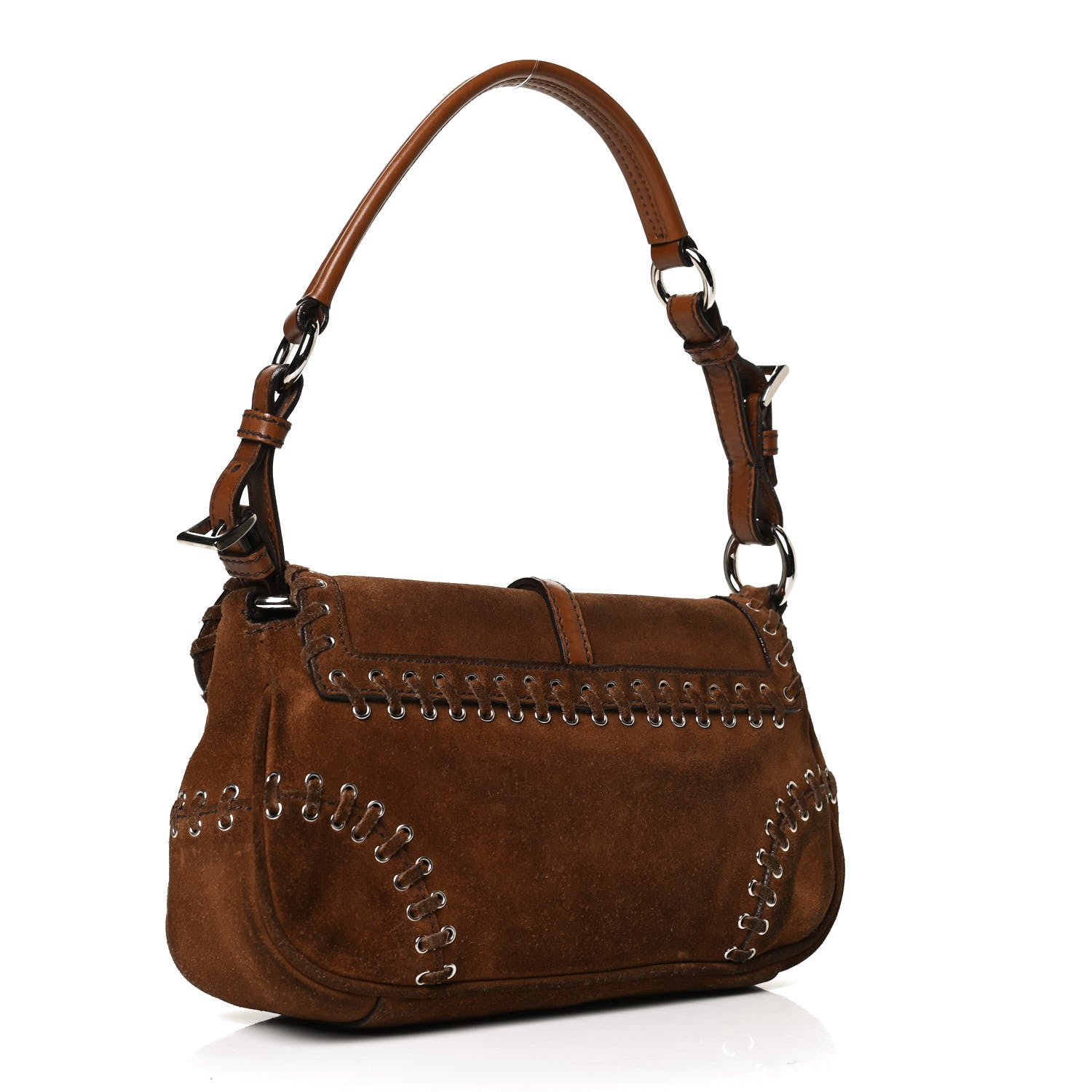 Prada Suede Whipstitch Grommet Shoulder Bag Brown 2 of 11