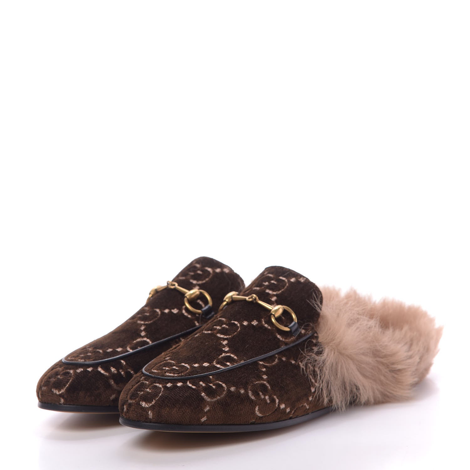 Gucci Velvet GG Monogram Fur Womens Princetown Slippers 38.5 Brown Black Natural 2 of 9