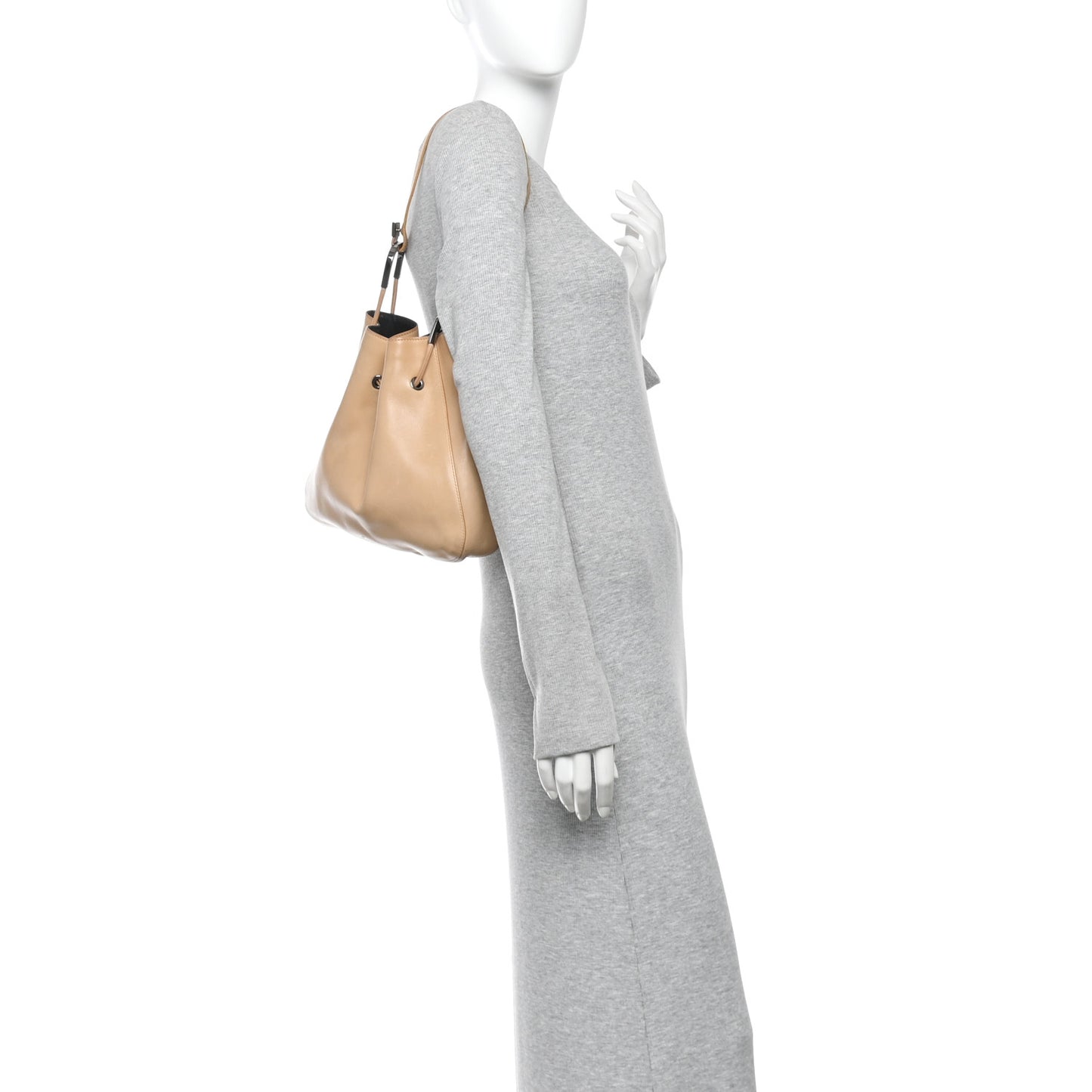 Calfskin Drawstring Small Drawstring Shoulder Bag Beige