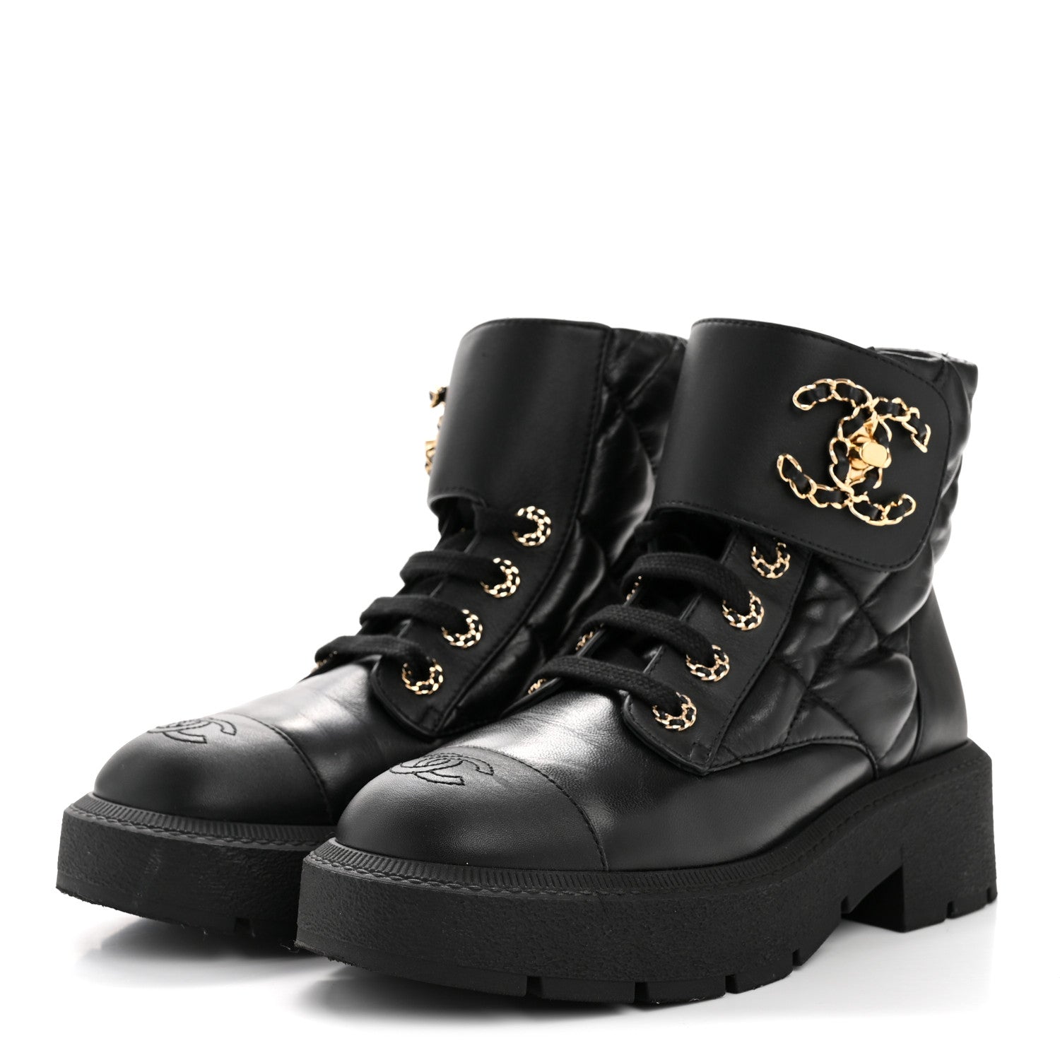 Chanel Lambskin Calfskin Quilted Lace Up Combat Boots 38 Black 4 of 10