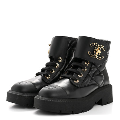 Chanel Lambskin Calfskin Quilted Lace Up Combat Boots 38 Black 4 of 10