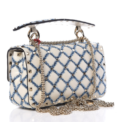 Valentino Garavani Lambskin Denim Quilted Small Rockstud Spike Shoulder Bag Ivory 4 of 12