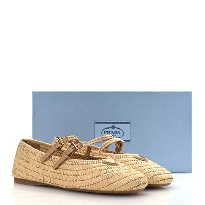Prada Raffia Metal Triangle Logo Ballet Flats 38.5 Natural 10 of 10