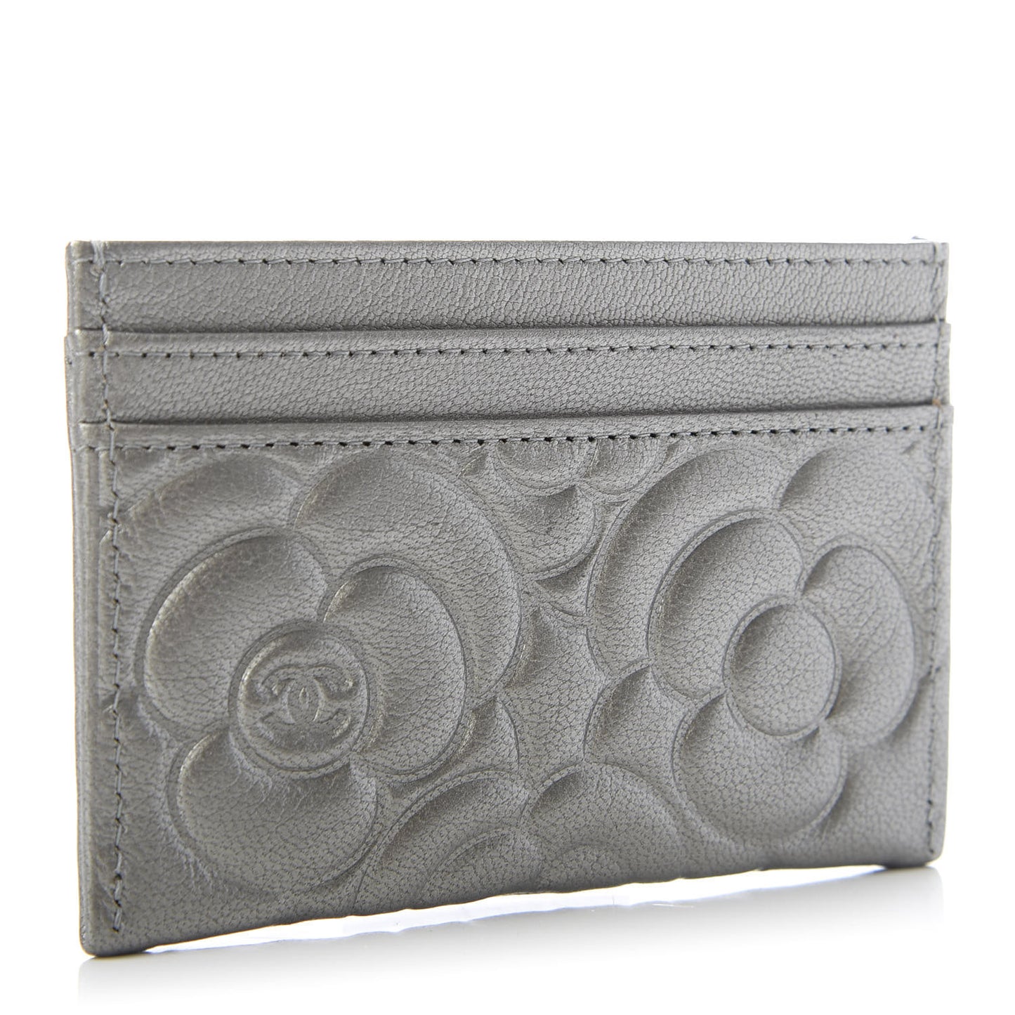 Goatskin Camellia Embossed Card Holder Grey