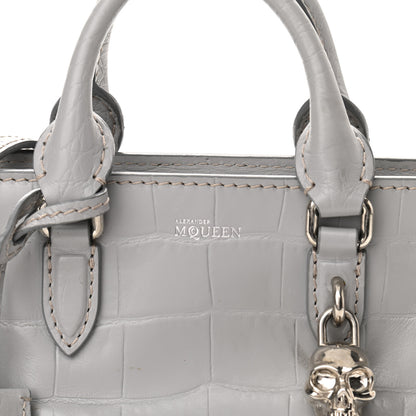 Alexander McQueen Calfskin Crocodile Embossed Mini Skull Padlock Zip Around Tote Grey 8 of 11