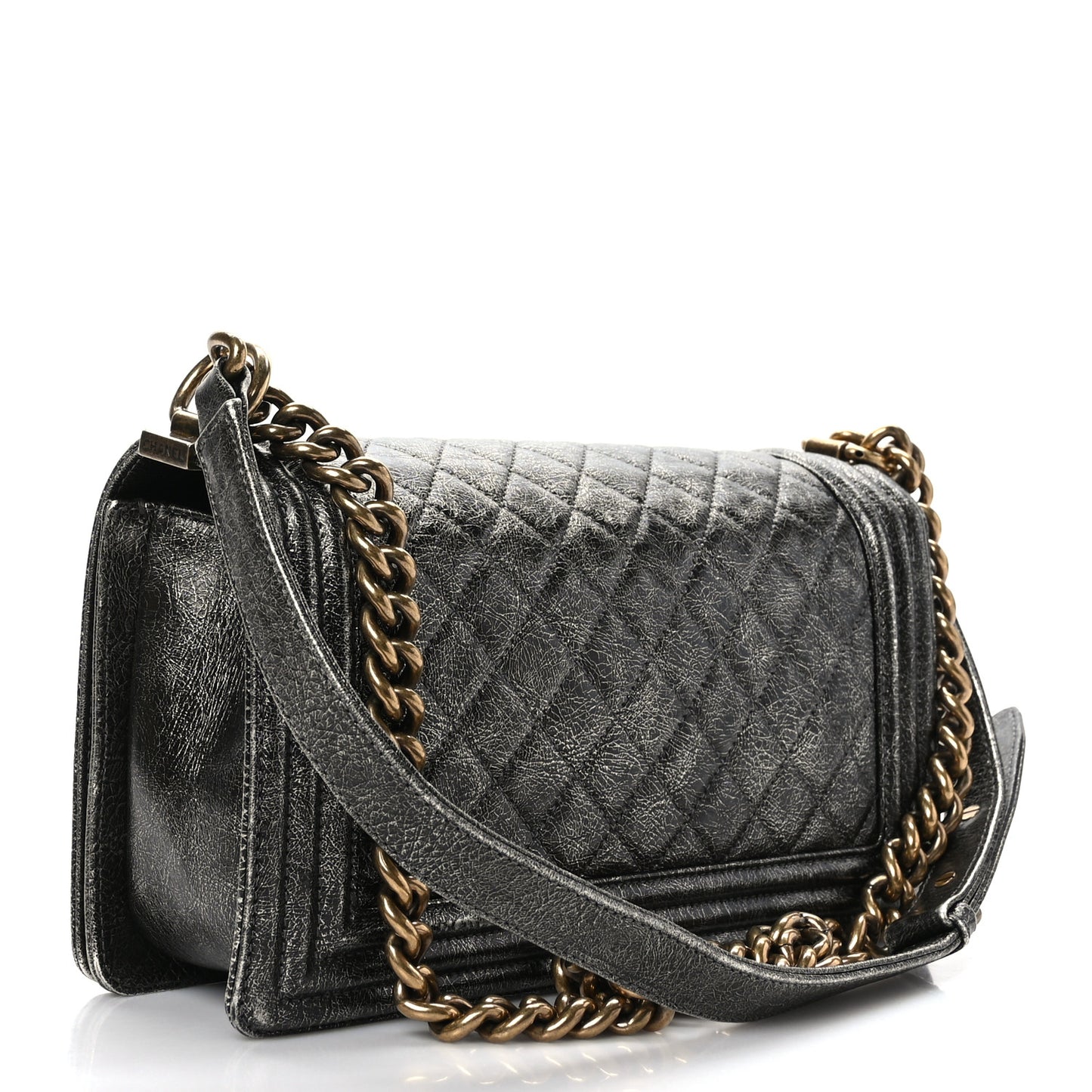 Cracked Metallic Calfskin Quilted Medium Boy Flap Dark Silver