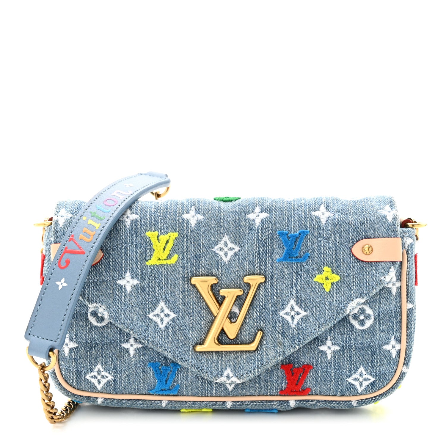 Louis Vuitton Embroidered Monogram Denim New Wave Chain Pochette Blue 1 of 11