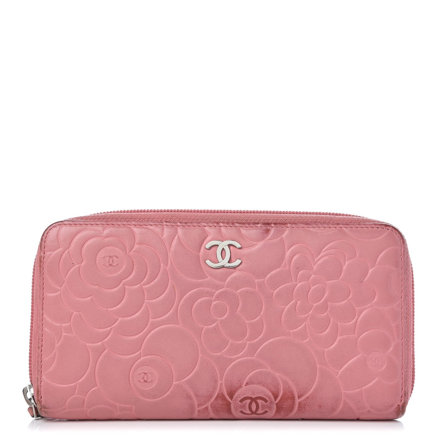 Lambskin Camellia Embossed Zip Around Large Gusset Wallet Pink