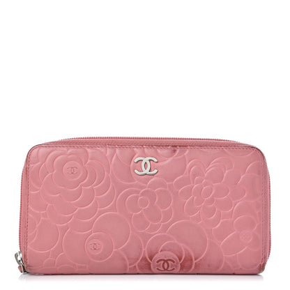 Chanel Lambskin Camellia Embossed Zip Around Large Gusset Wallet Pink 1 of 15