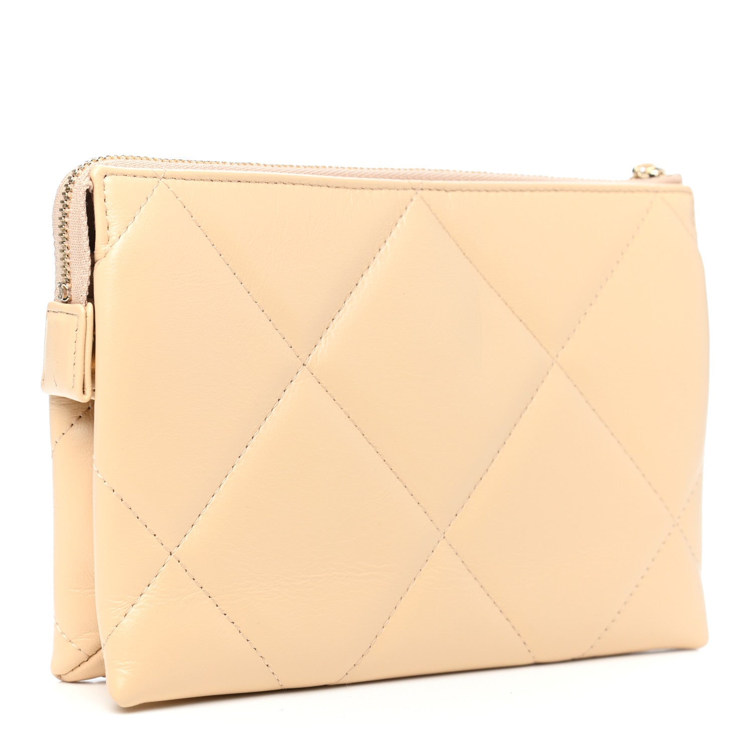 Chanel Shiny Goatskin Quilted Chanel 19 Small Pouch With Handle Beige 3 of 7