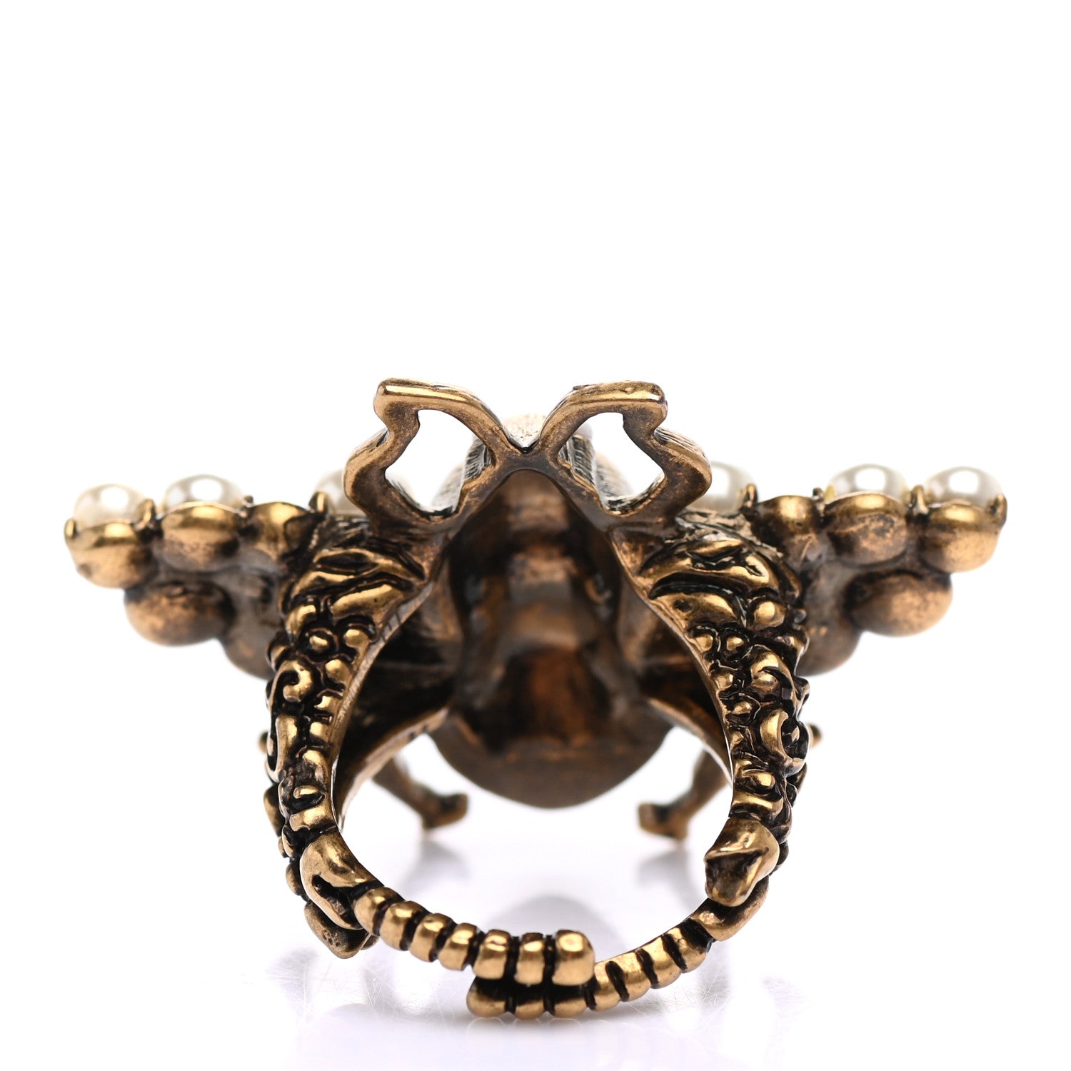 Gucci Metal Crystal Pearl Bee Ring 7.25 Aged Gold 3 of 6