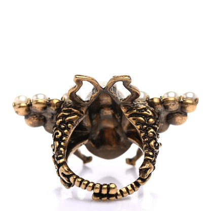 Gucci Metal Crystal Pearl Bee Ring 7.25 Aged Gold 3 of 6