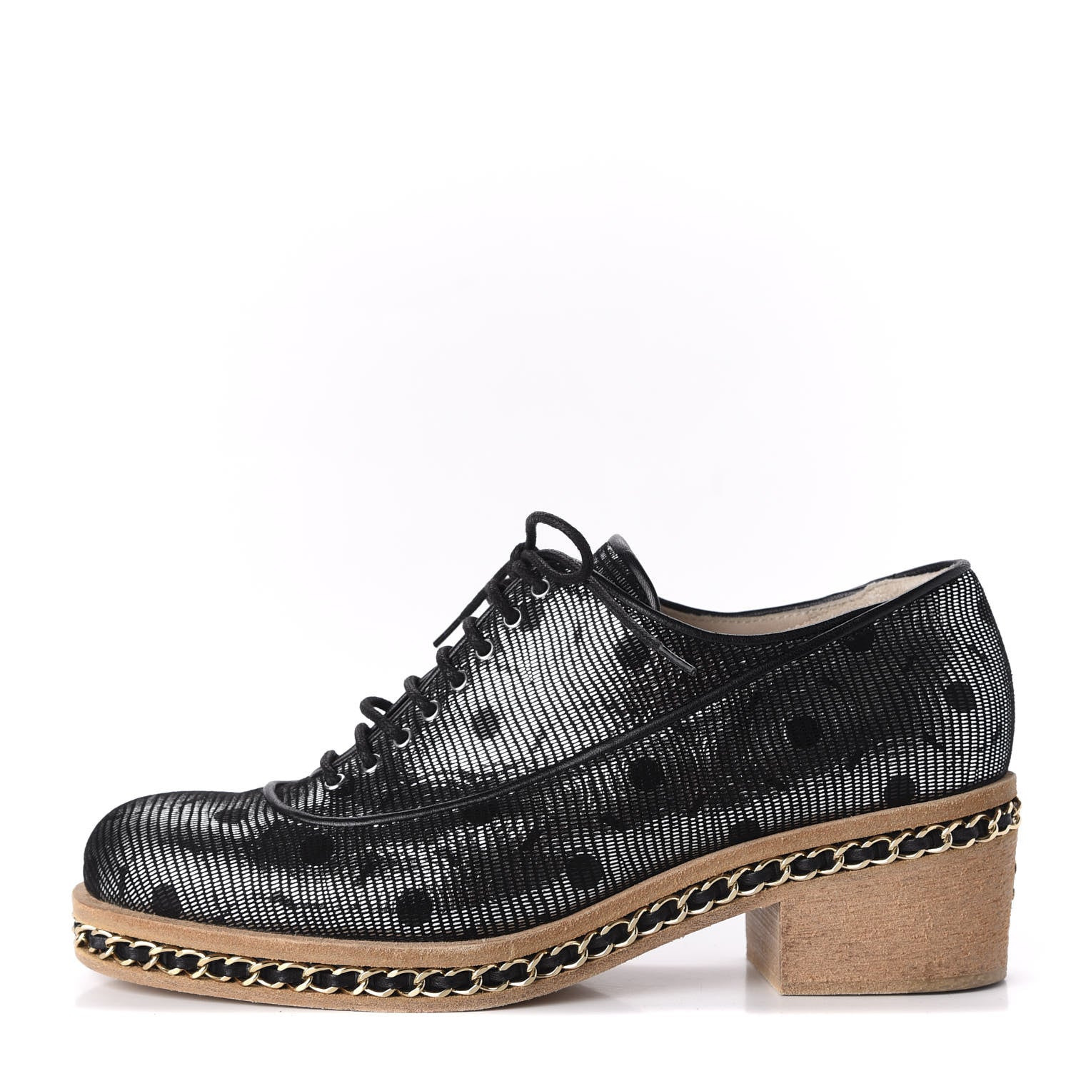 Chanel Metallic Calfskin CC Lace Up Chain Oxfords 37.5 Silver Black 1 of 9
