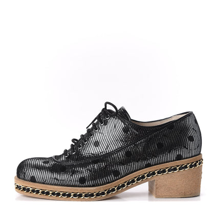 Chanel Metallic Calfskin CC Lace Up Chain Oxfords 37.5 Silver Black 1 of 9