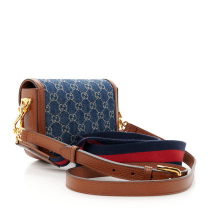 Gucci New Denim GG Monogram Dollar Calfskin Web Mini Horsebit 1955 Shoulder Bag Blue Tea Cuir Epilog 3 of 12