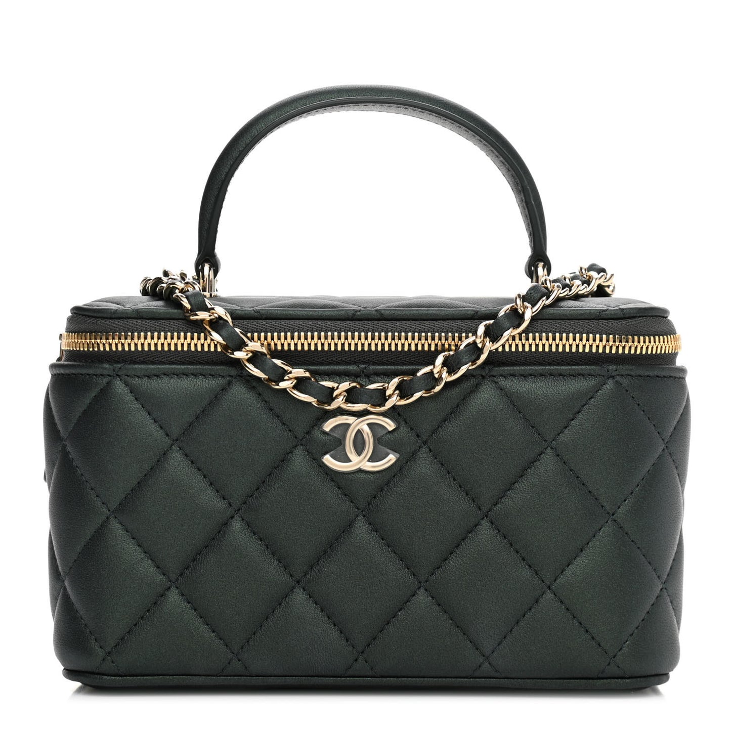 Iridescent Lambskin Quilted Small Top Handle Vanity Case With Chain Dark Green