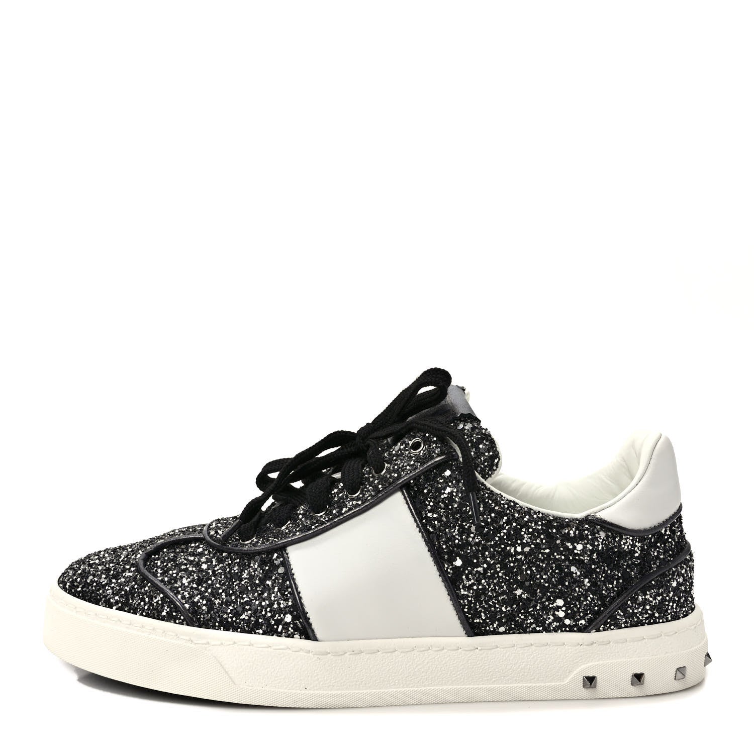 Valentino Garavani Calfskin Glitter Flycrew Sneakers 40 Black 1 of 9