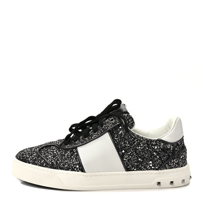 Valentino Garavani Calfskin Glitter Flycrew Sneakers 40 Black 1 of 9