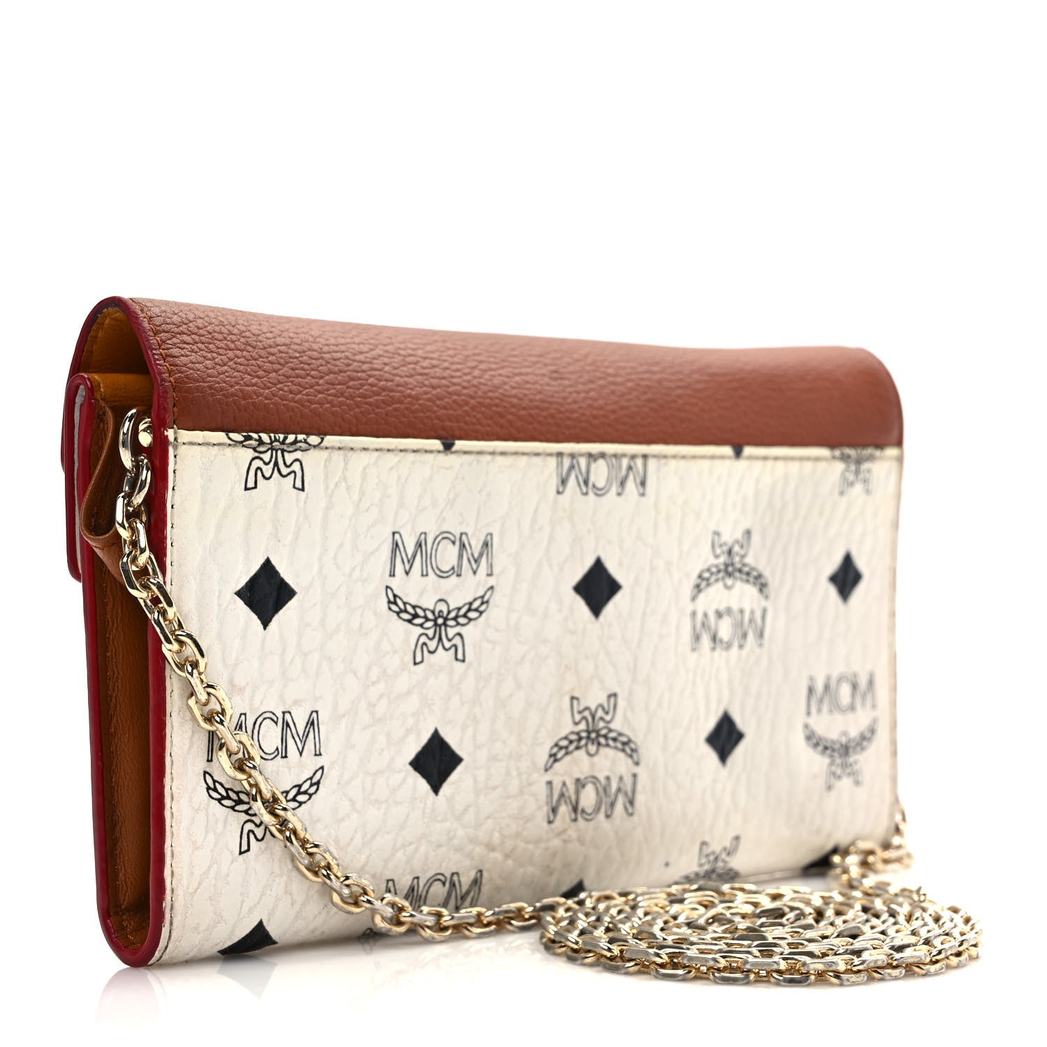 MCM Calfskin Visetos Monogram Patricia Color Block Wallet On Chain Cognac White 3 of 10