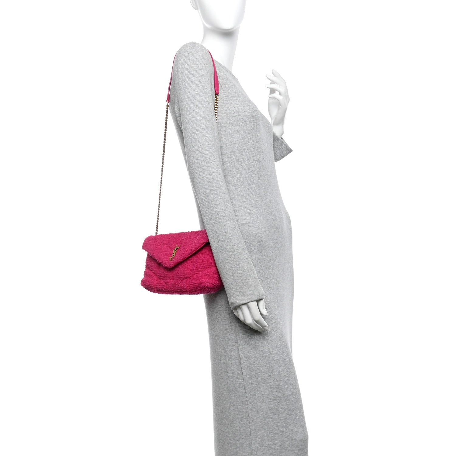 Saint Laurent Boucle Tweed Quilted Toy Loulou Puffer Monogram Chain Satchel Magenta 2 of 13