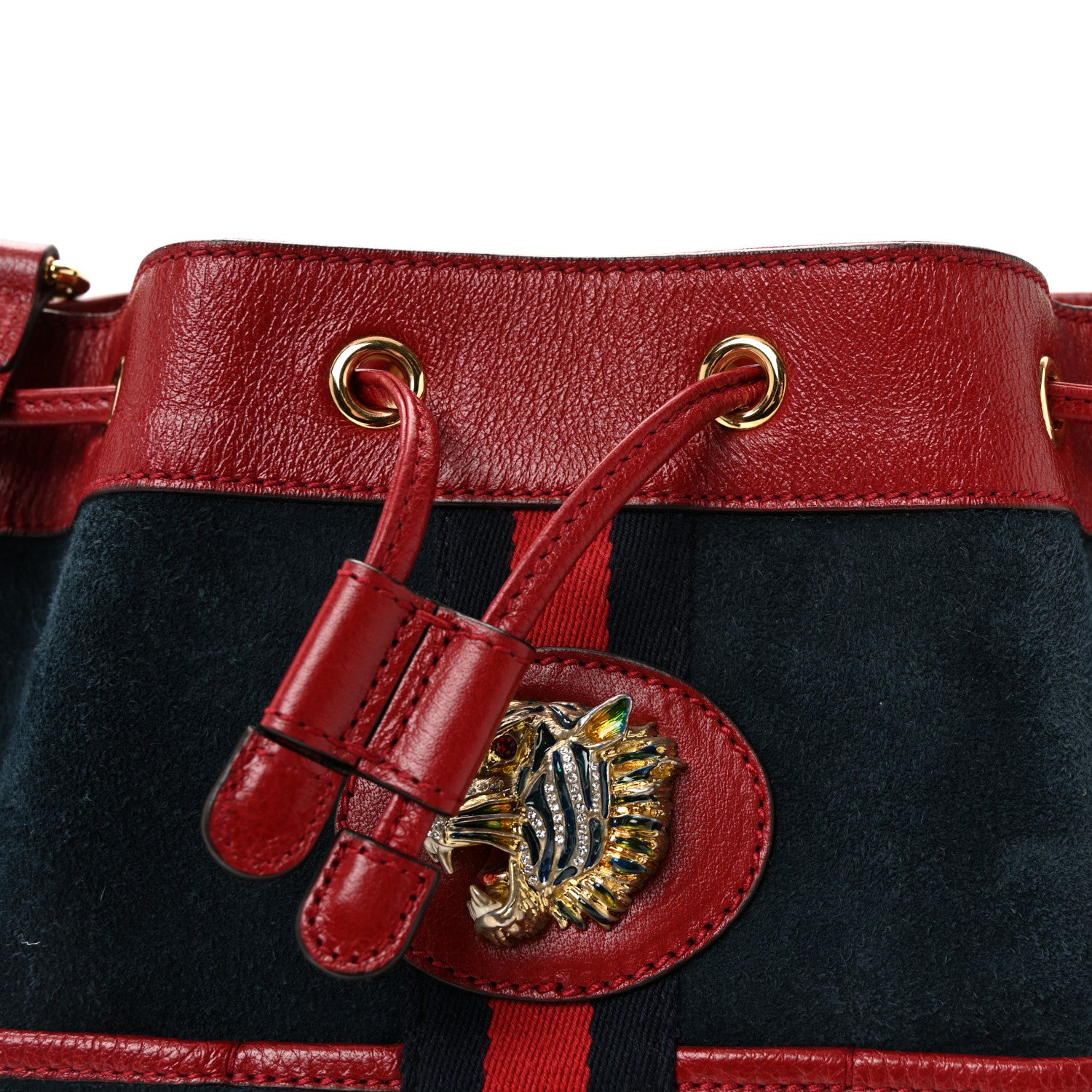 Gucci Suede Calfskin Web Medium Rajah Bucket Bag New Blue Romantic Cherry 8 of 10