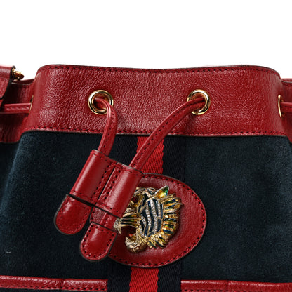 Gucci Suede Calfskin Web Medium Rajah Bucket Bag New Blue Romantic Cherry 8 of 10