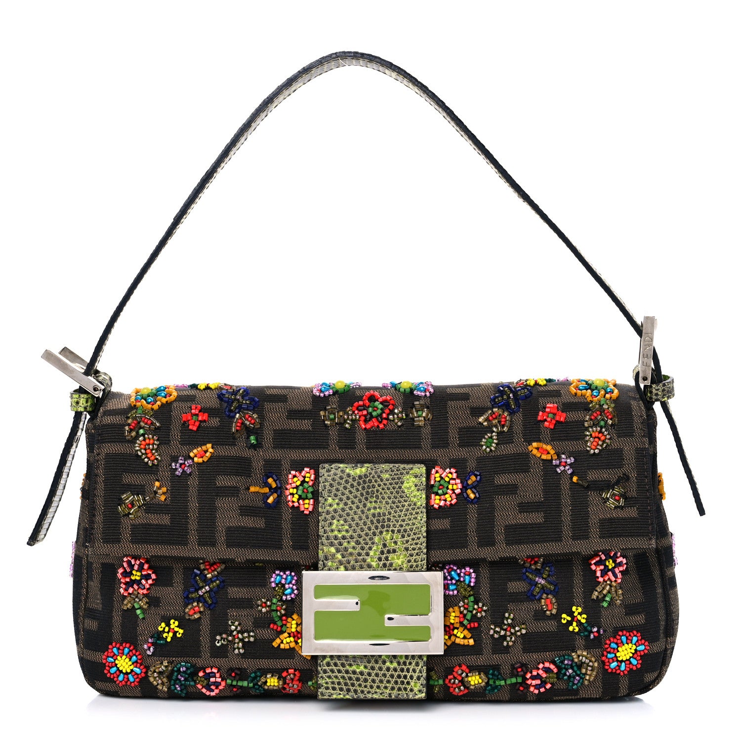 Fendi Zucca Lizard Embroidered Baguette Tobacco Green Multicolor 1 of 12