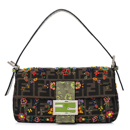 Fendi Zucca Lizard Embroidered Baguette Tobacco Green Multicolor 1 of 12
