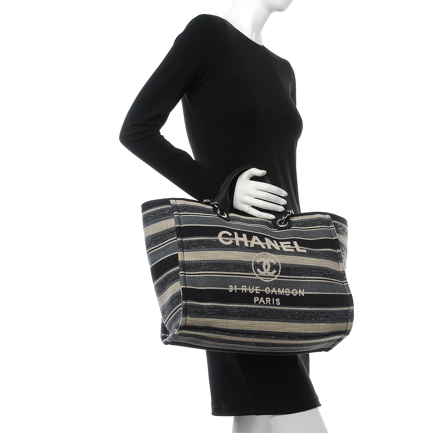 Chanel Striped Canvas Large Deauville Tote Dark Grey 3 of 9