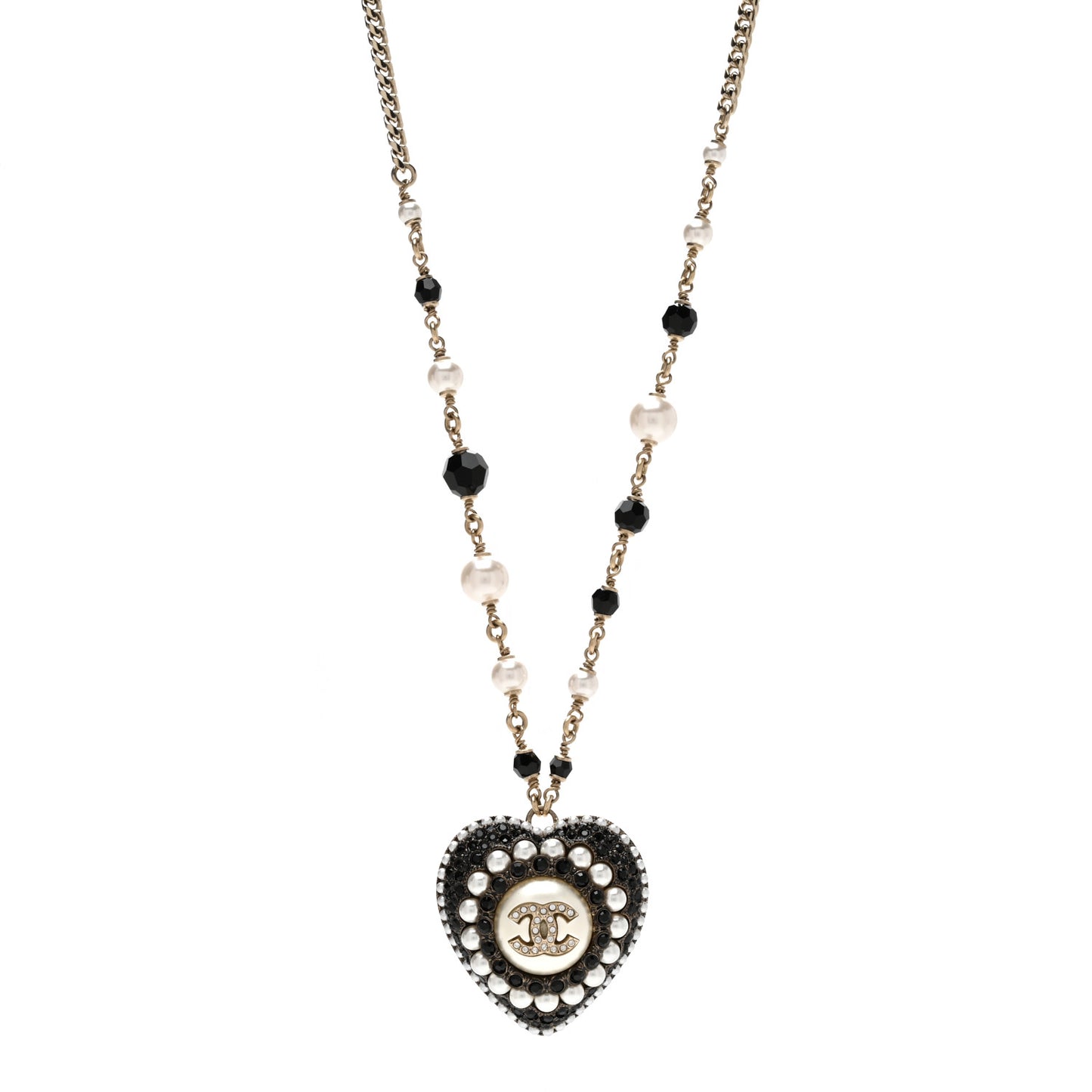 Pearl Bead Crystal CC Heart Necklace Gold Pearly White Black