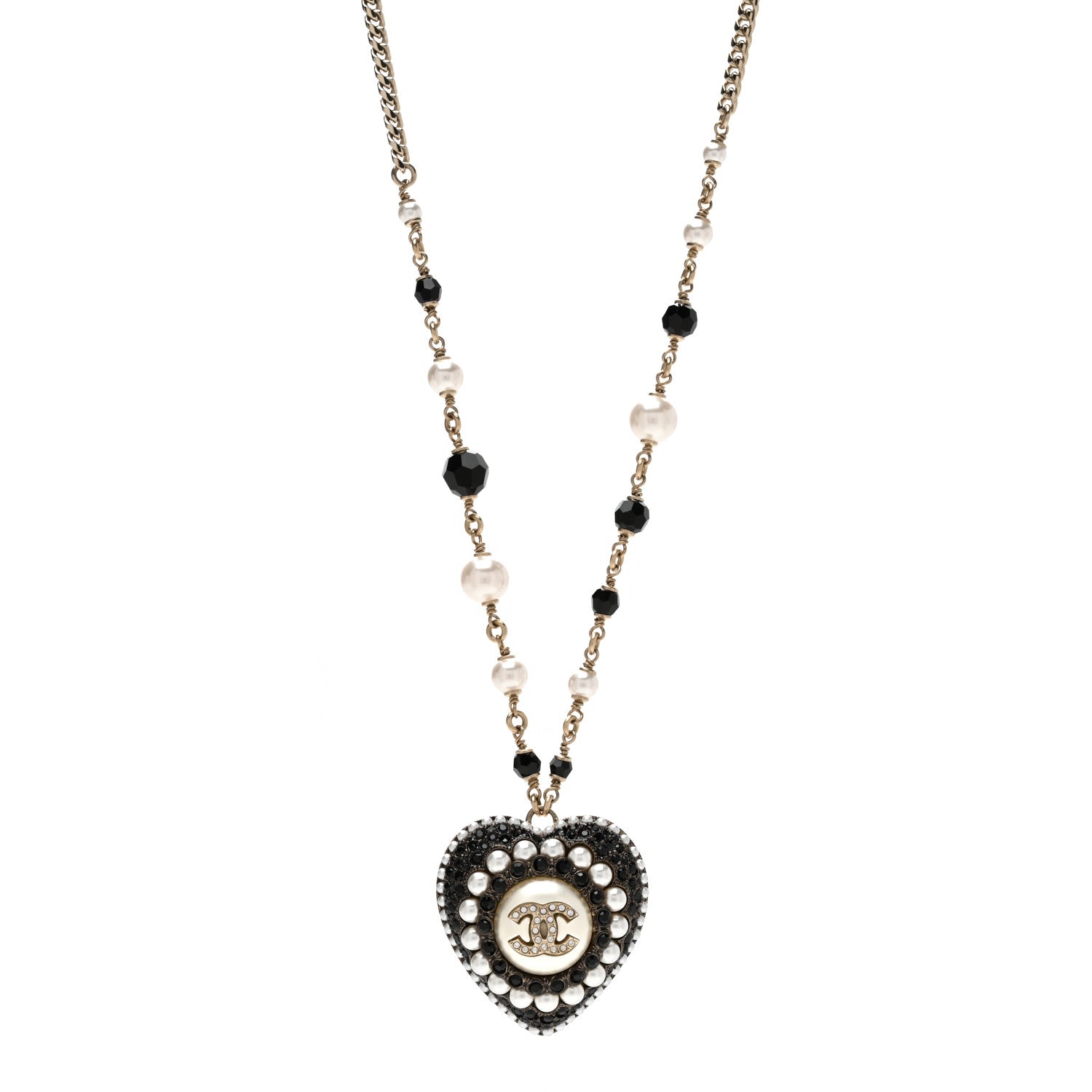 Chanel Pearl Bead Crystal CC Heart Necklace Gold Pearly White Black 1 of 4