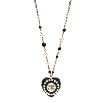 Chanel Pearl Bead Crystal CC Heart Necklace Gold Pearly White Black 1 of 4