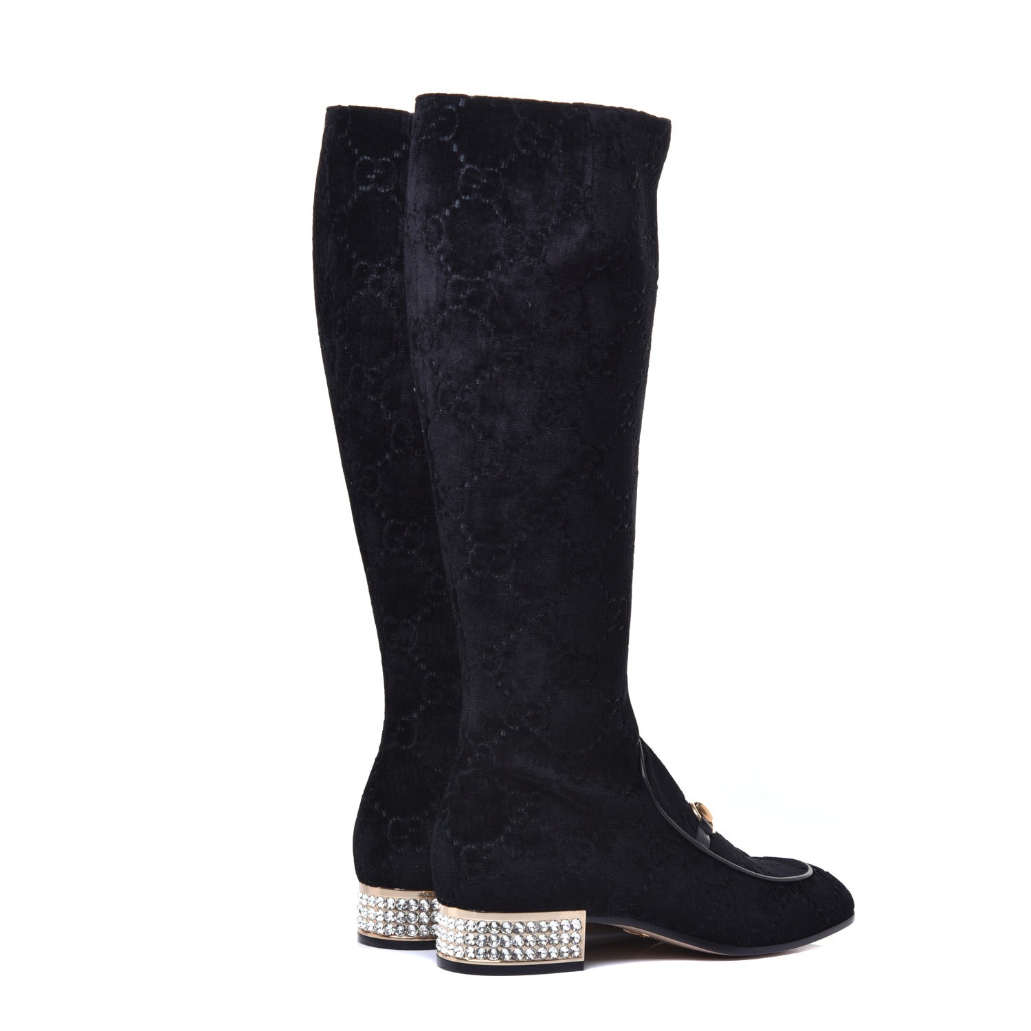 Gucci Velvet GG Monogram Crystal Horsebit Knee High Boots 39.5 Black 4 of 9