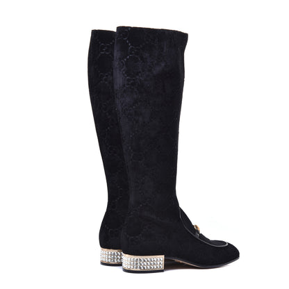 Gucci Velvet GG Monogram Crystal Horsebit Knee High Boots 39.5 Black 4 of 9