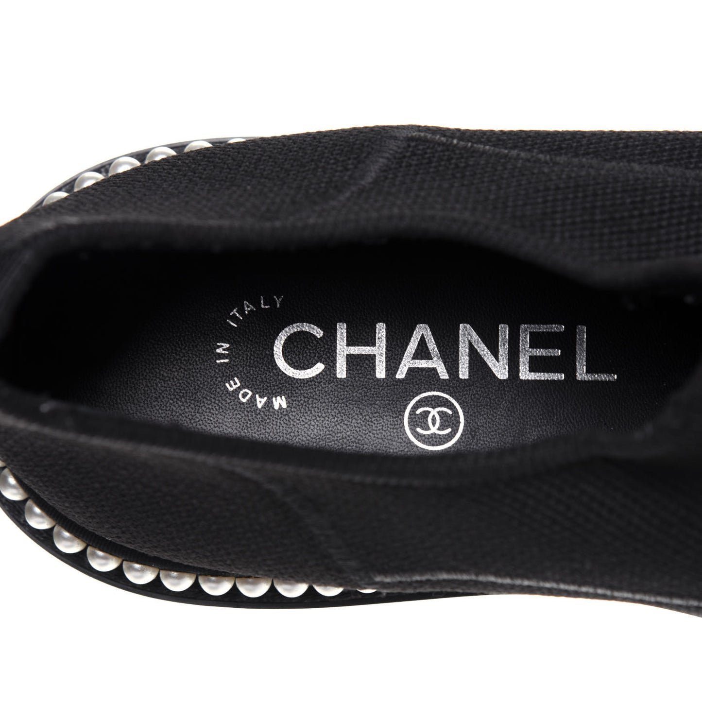 Stretch Fabric Grosgrain Pearl Cap Toe CC Moccasin Loafers 39 Black