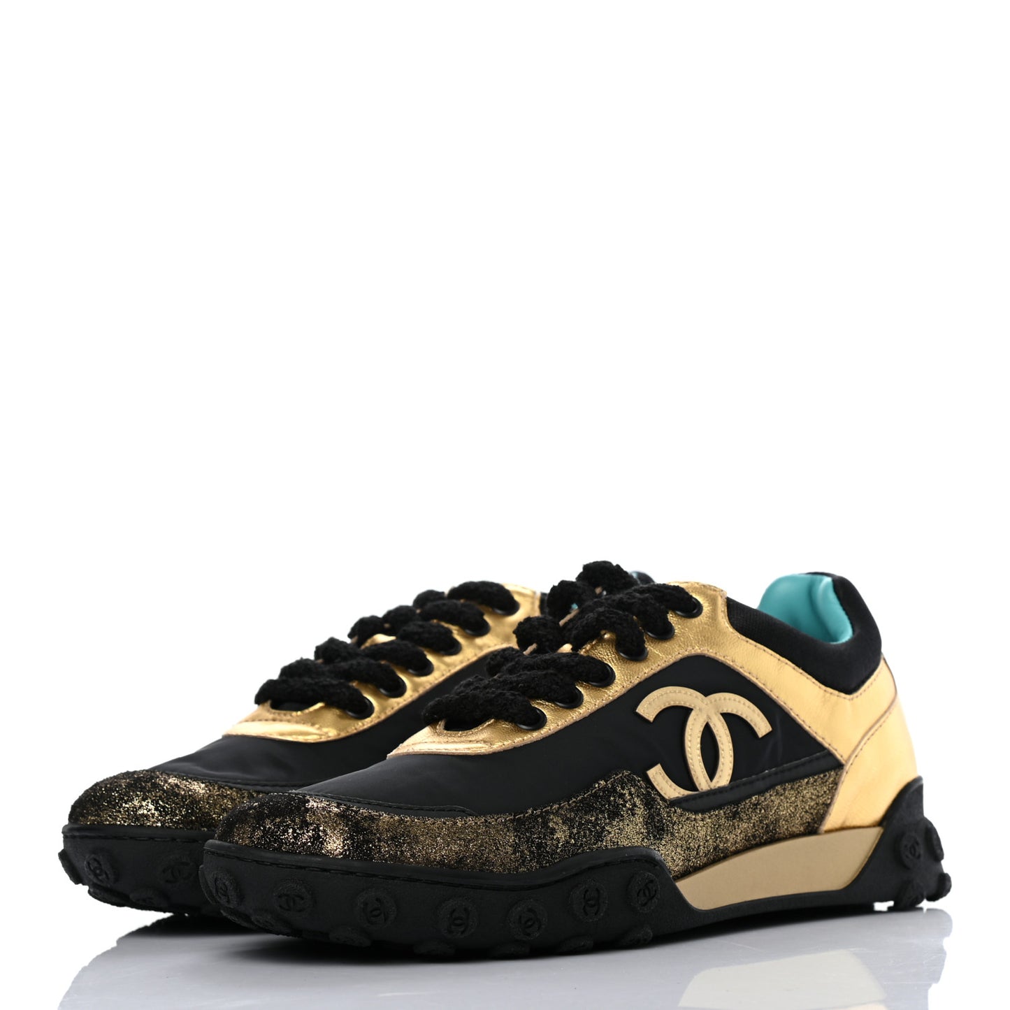 Metallic Lambskin Satin Finish Womens CC Sneakers 37 Black Gold