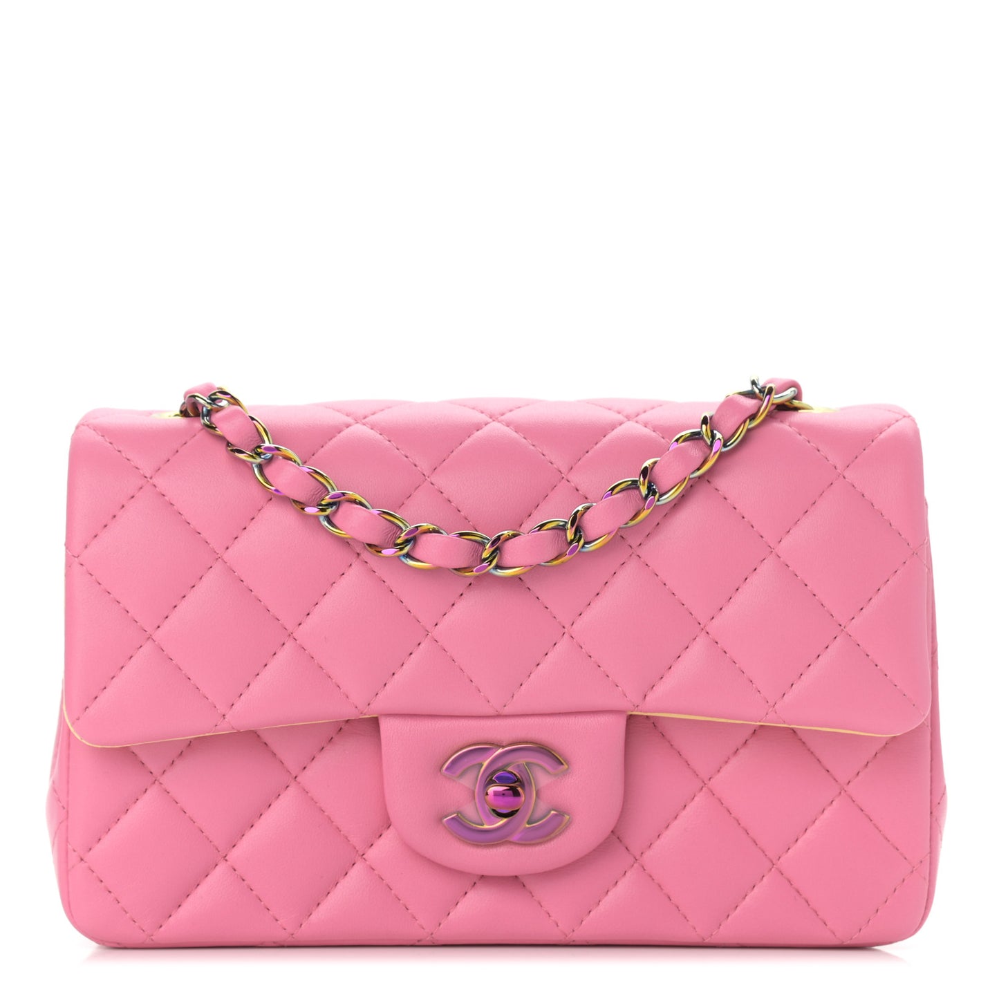 Lambskin Quilted Mini Rectangular Flap Pink Yellow